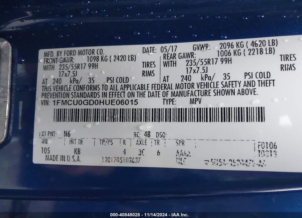 2017 FORD ESCAPE SE VIN: 1FMCU0GD0HUE06015