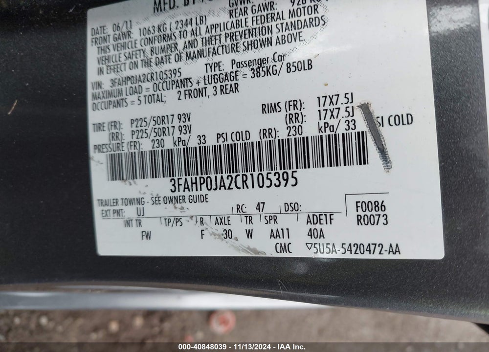 2012 FORD FUSION SEL VIN: 3FAHP0JA2CR105395