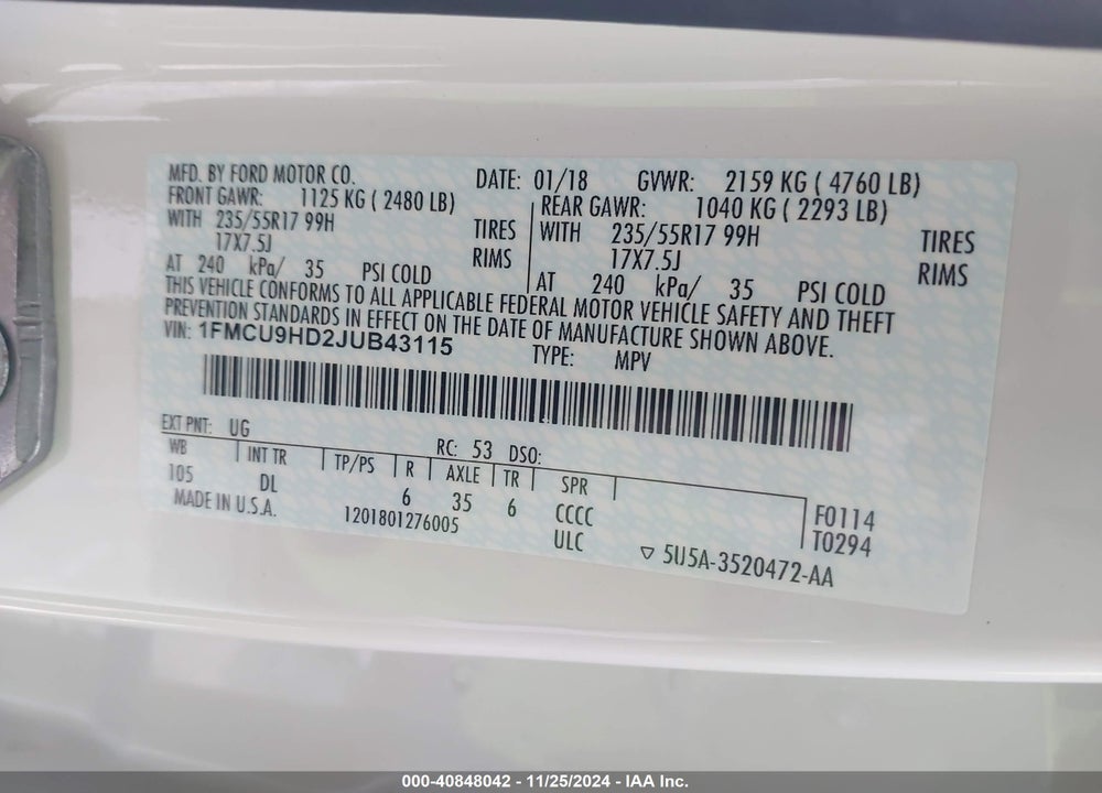 2018 FORD ESCAPE SEL VIN: 1FMCU9HD2JUB43115