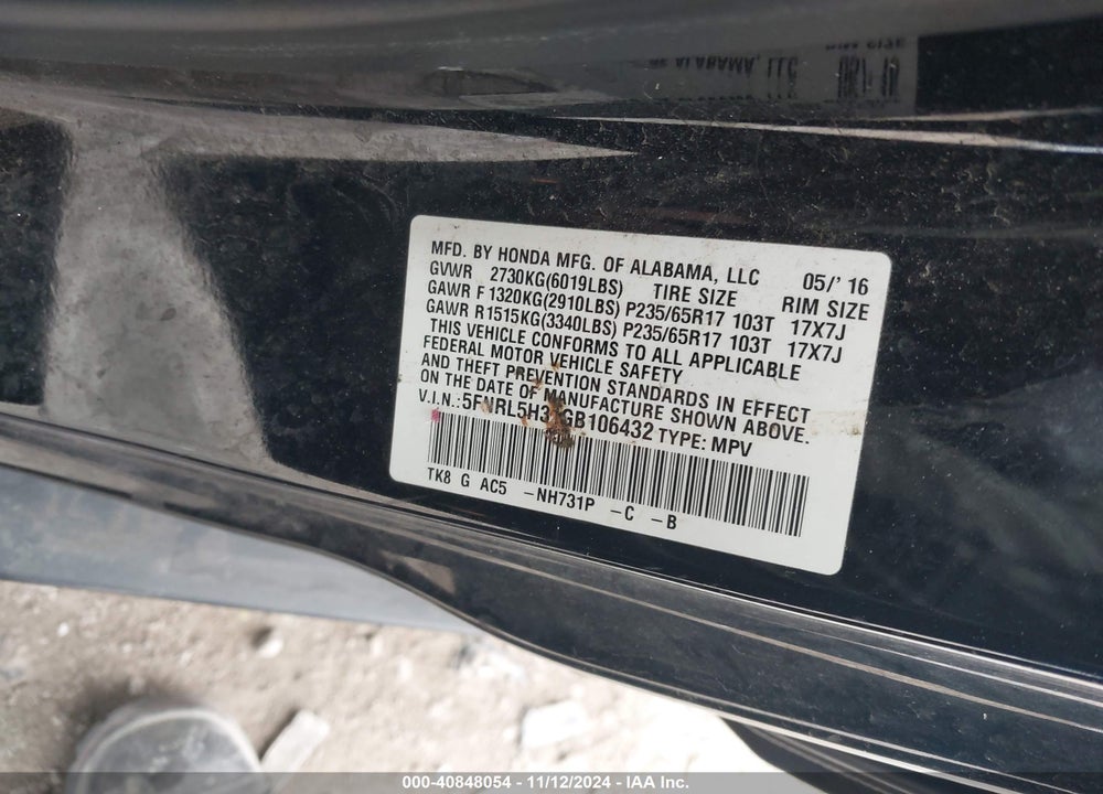 2016 HONDA ODYSSEY SE VIN: 5FNRL5H31GB106432