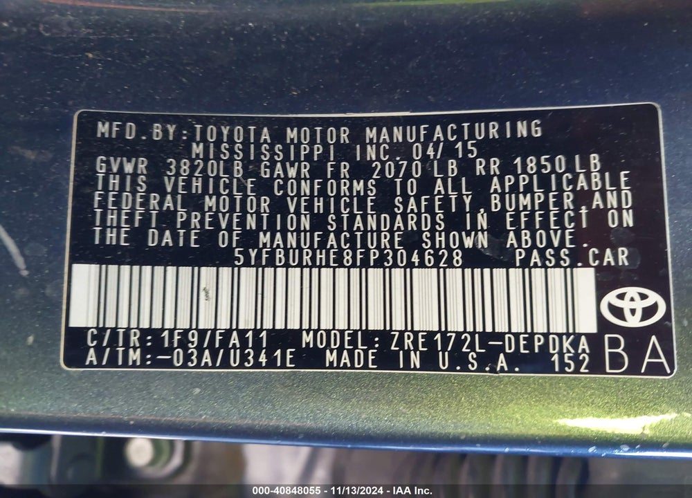 2015 TOYOTA COROLLA L/LE/LE PLUS/LE PREMIUM/S/S PLUS/S PREMIUM VIN: 5YFBURHE8FP304628