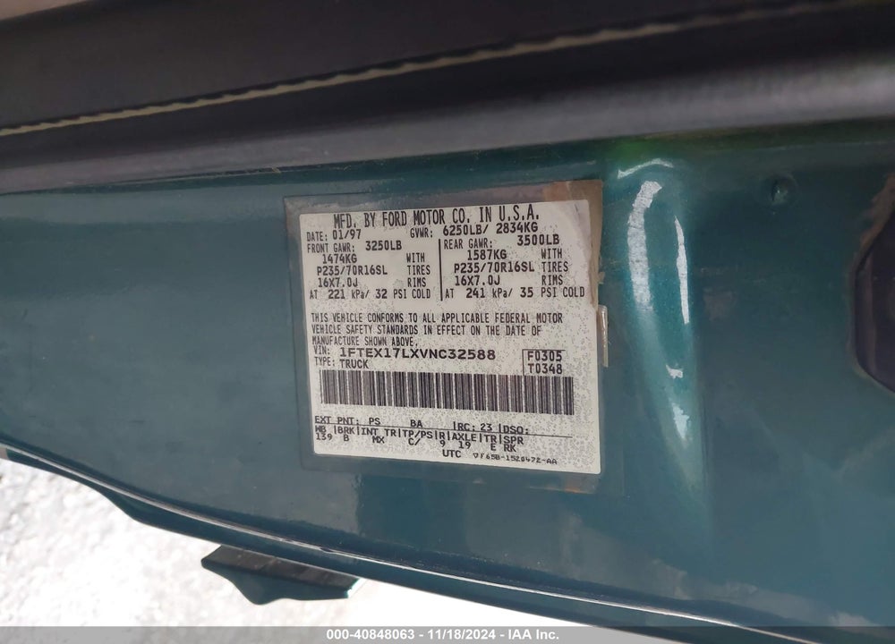 1997 FORD F-150 LARIAT/XL/XLT VIN: 1FTEX17LXVNC32588
