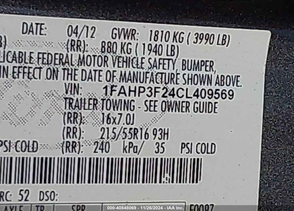 2012 FORD FOCUS SE VIN: 1FAHP3F24CL409569