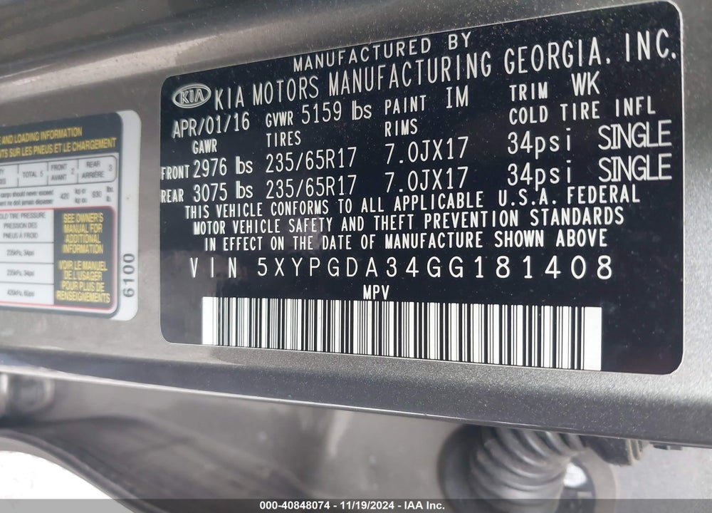 2016 KIA SORENTO 2.4L LX VIN: 5XYPGDA34GG181408