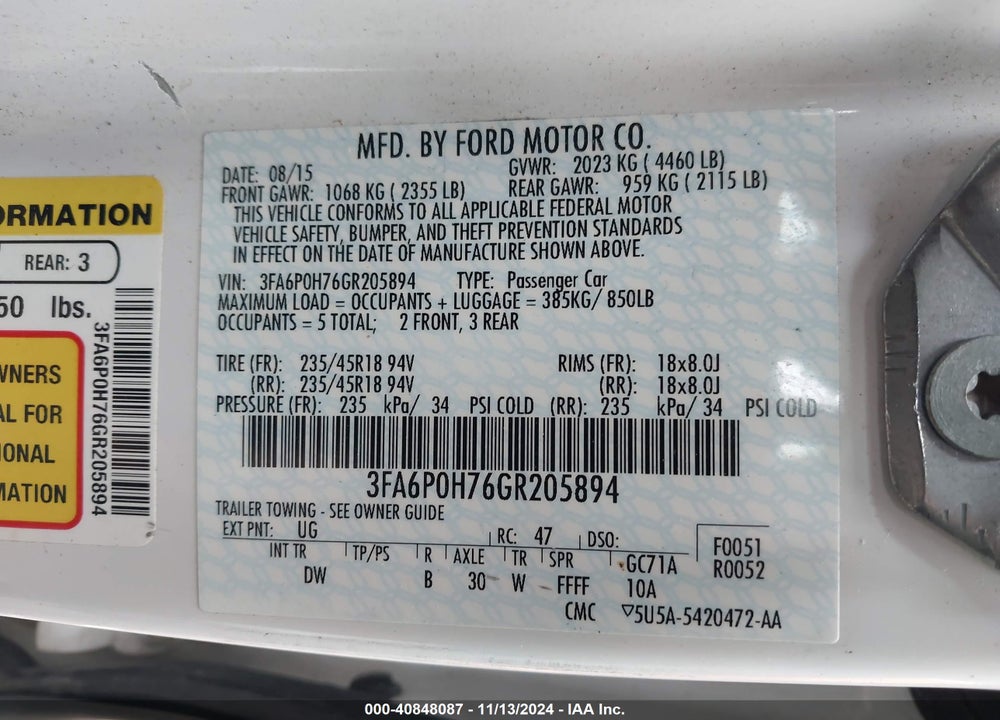 2016 FORD FUSION SE VIN: 3FA6P0H76GR205894