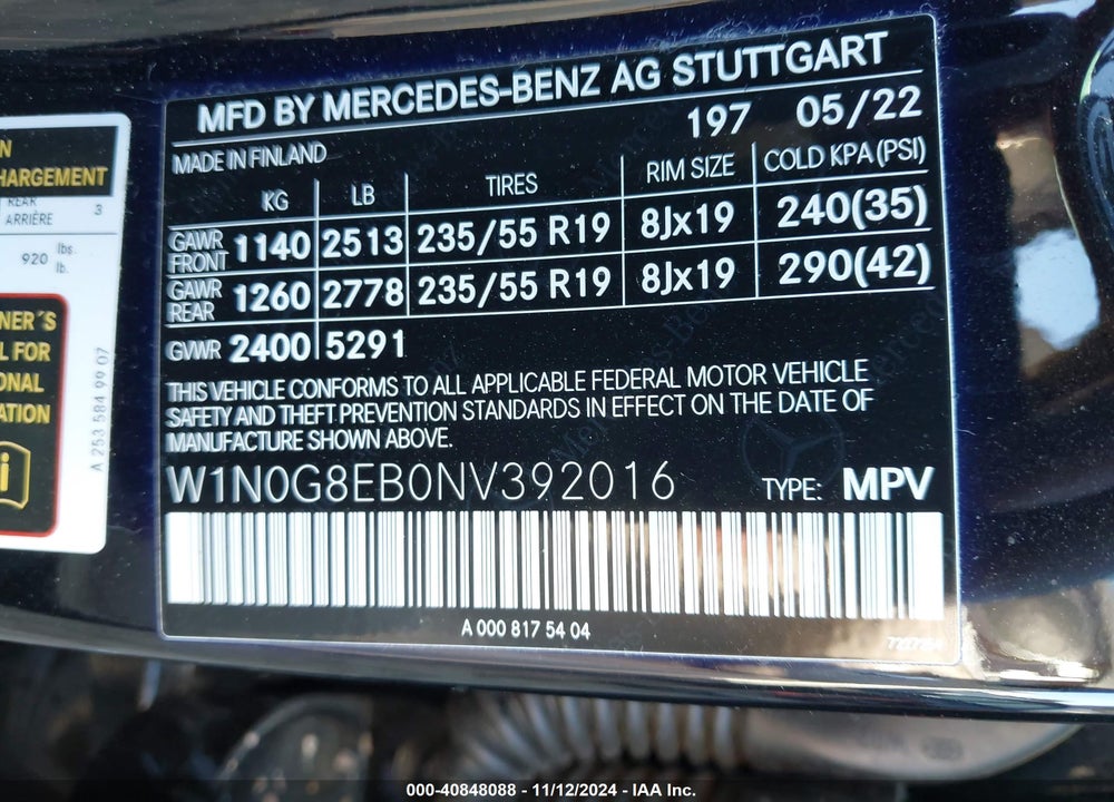 2022 MERCEDES-BENZ GLC 300 4MATIC SUV VIN: W1N0G8EB0NV392016