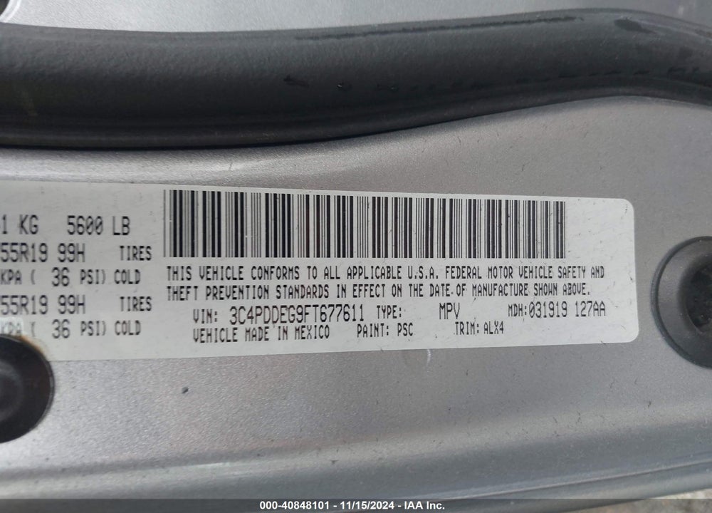 2015 DODGE JOURNEY R/T VIN: 3C4PDDEG9FT677611