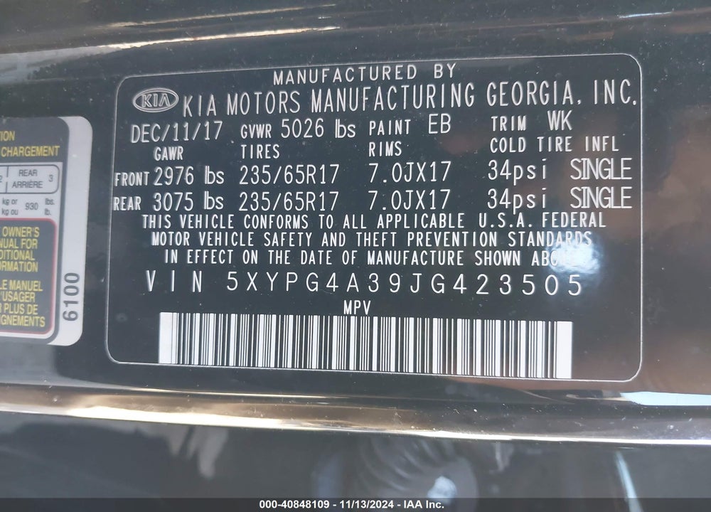 2018 KIA SORENTO 2.4L L VIN: 5XYPG4A39JG423505