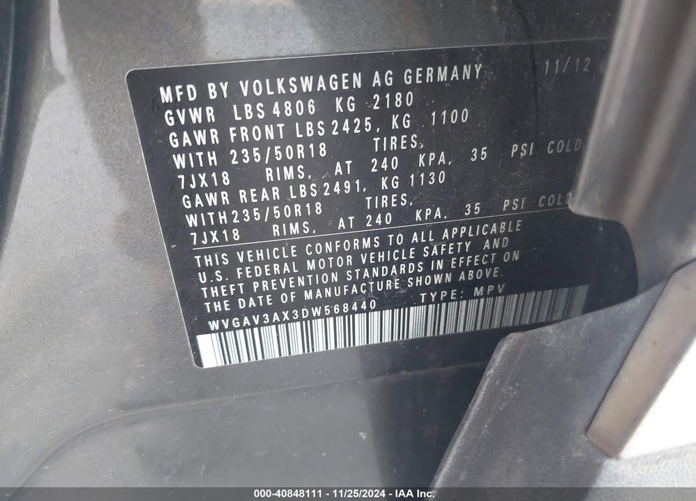 2013 VOLKSWAGEN TIGUAN SE VIN: WVGAV3AX3DW568440