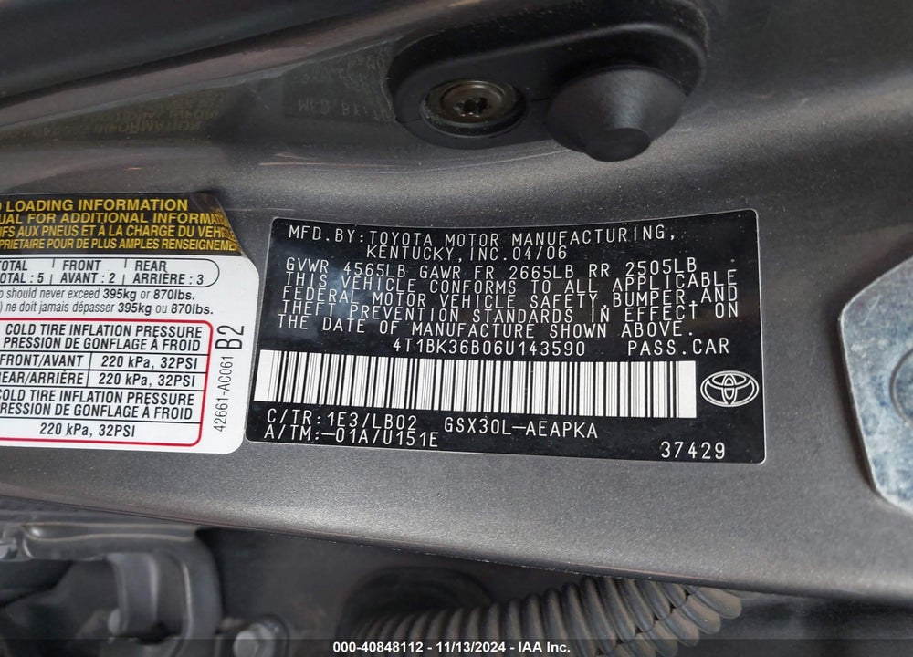 2006 TOYOTA AVALON LIMITED VIN: 4T1BK36B06U143590