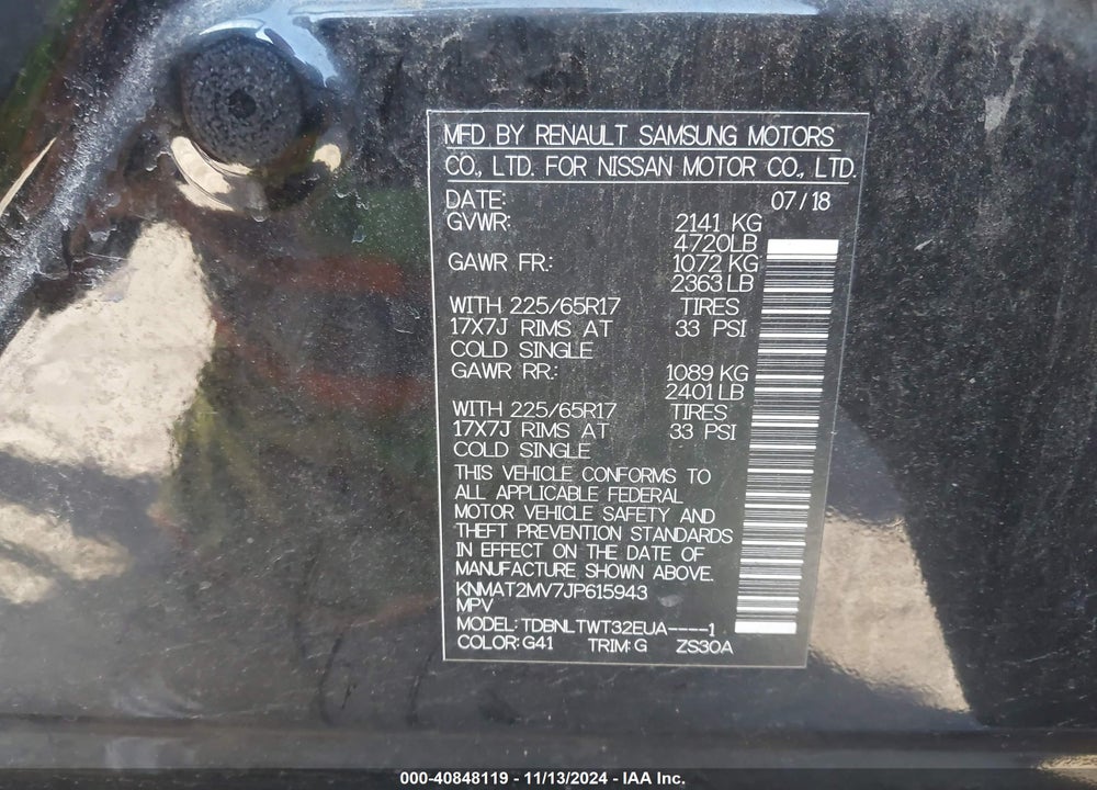 2018 NISSAN ROGUE SV VIN: KNMAT2MV7JP615943