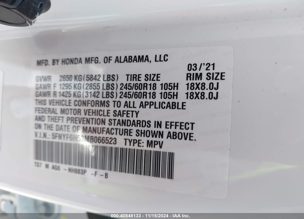 2021 HONDA PILOT AWD EX-L VIN: 5FNYF6H53MB066523