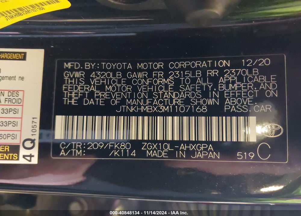 2021 TOYOTA C-HR XLE VIN: JTNKHMBX3M1107168