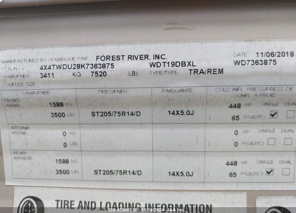 2019 FOREST RIVER WILDWOOD VIN: 4X4TWDU28K7363875