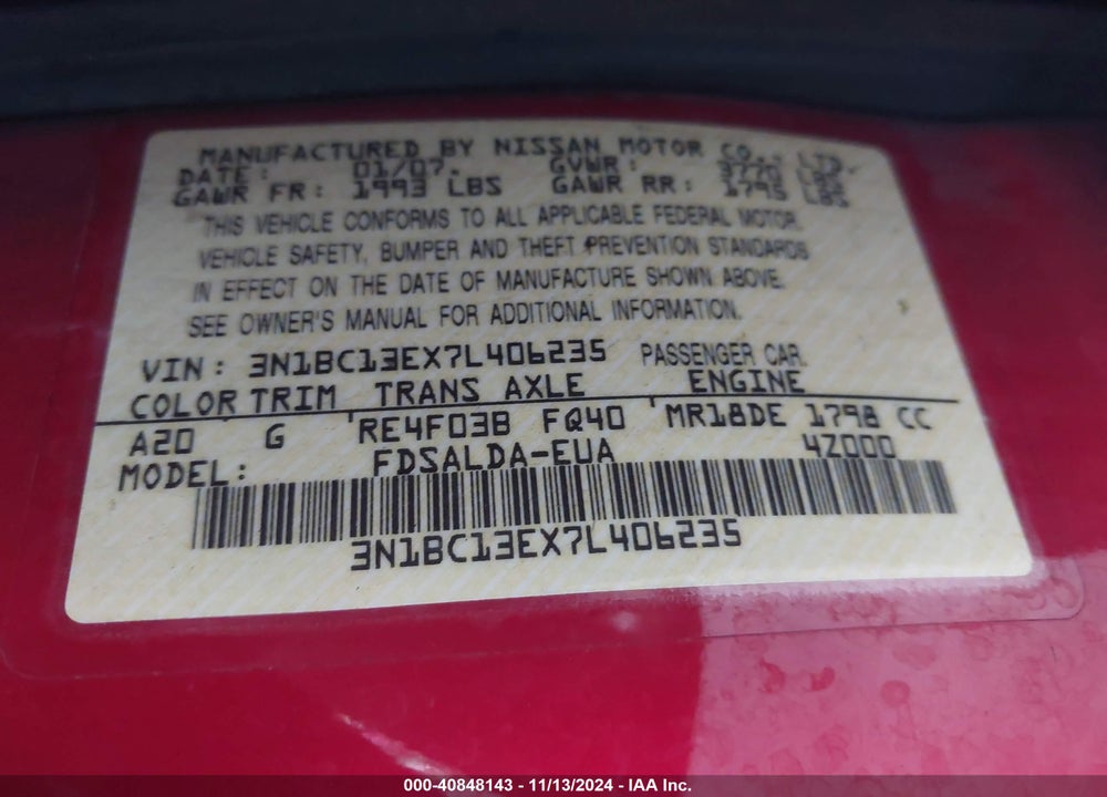 2007 NISSAN VERSA 1.8S VIN: 3N1BC13EX7L406235
