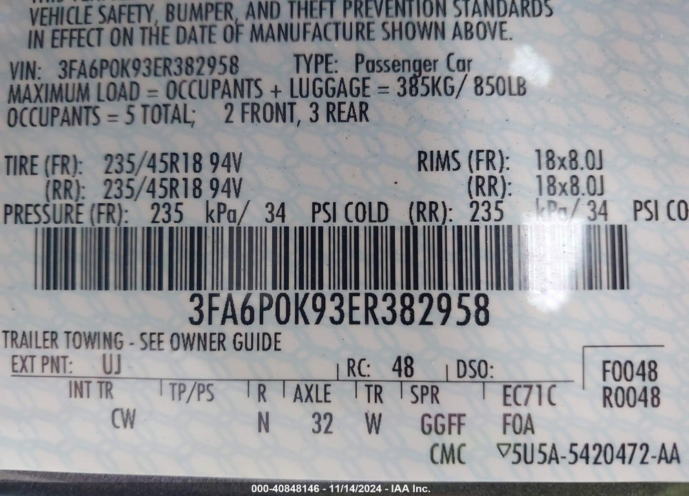 2014 FORD FUSION TITANIUM VIN: 3FA6P0K93ER382958