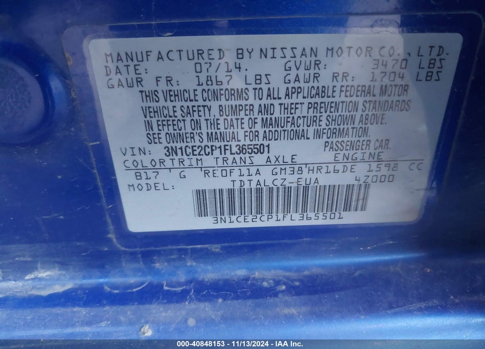 2015 NISSAN VERSA NOTE S PLUS VIN: 3N1CE2CP1FL365501