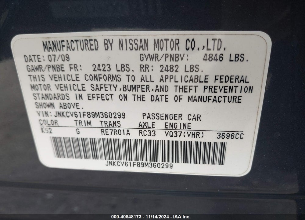 2009 INFINITI G37X VIN: JNKCV61F89M360299