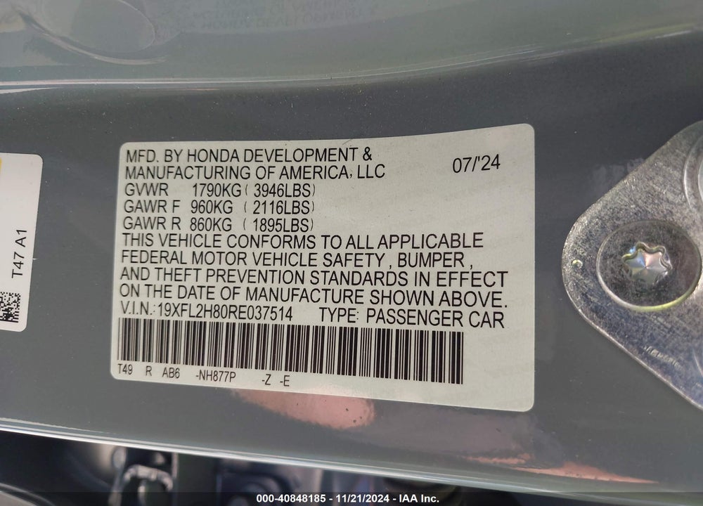2024 HONDA CIVIC VIN: 19XFL2H80RE037514