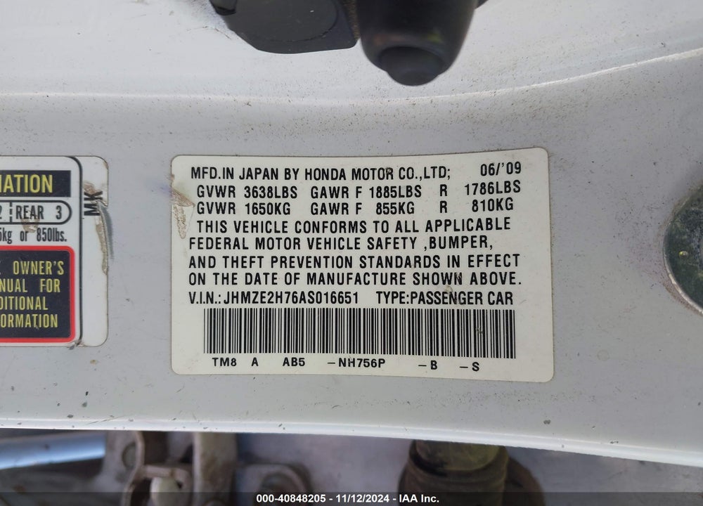 2010 HONDA INSIGHT EX VIN: JHMZE2H76AS016651