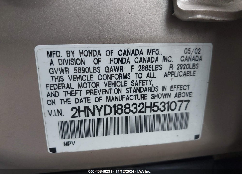 2002 ACURA MDX VIN: 2HNYD18832H531077