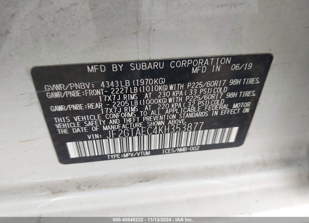 2019 SUBARU CROSSTREK 2.0I PREMIUM VIN: JF2GTAEC4KH353877