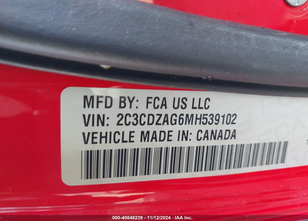 2021 DODGE CHALLENGER VIN: 2C3CDZAG6MH539102