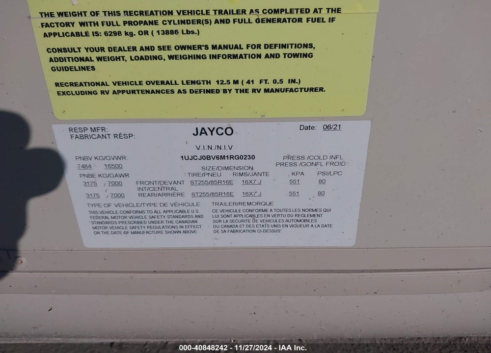 2021 OTHER JAYCO VIN: 1UJCJ0BV6M1RG0230