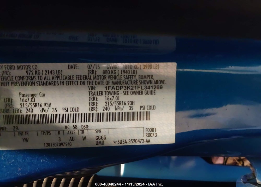 2015 FORD FOCUS SE VIN: 1FADP3K21FL341269