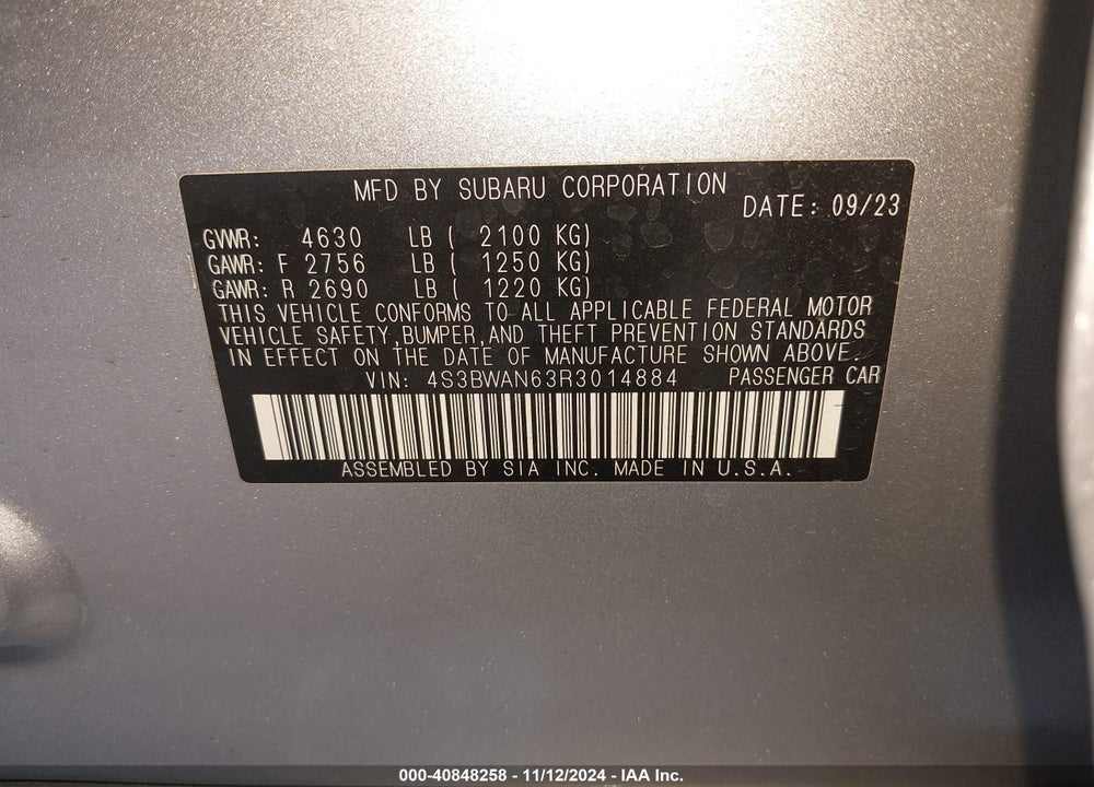 2024 SUBARU LEGACY VIN: 4S3BWAN63R3014884
