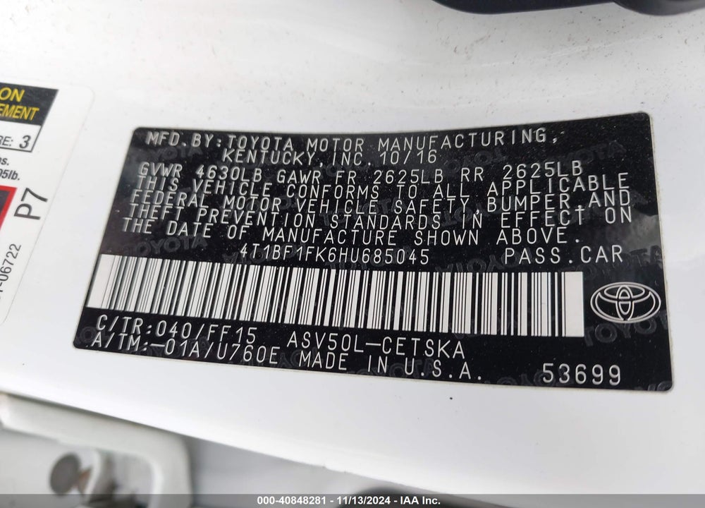 2017 TOYOTA CAMRY LE/SE/XLE/XSE VIN: 4T1BF1FK6H4685045