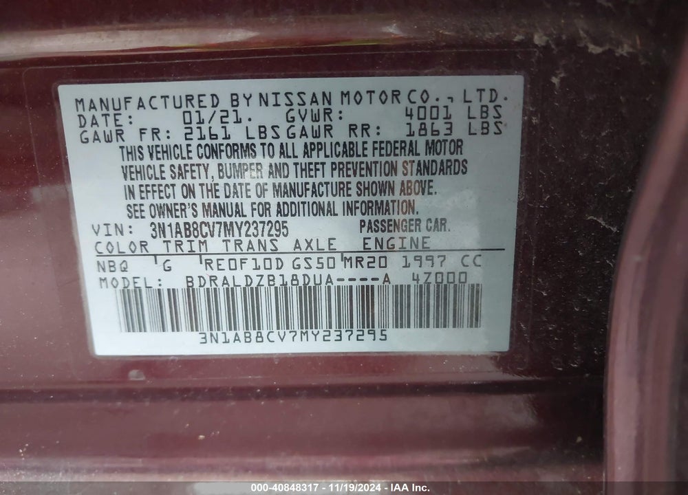2021 NISSAN SENTRA SV XTRONIC CVT VIN: 3N1AB8CV7MY237295