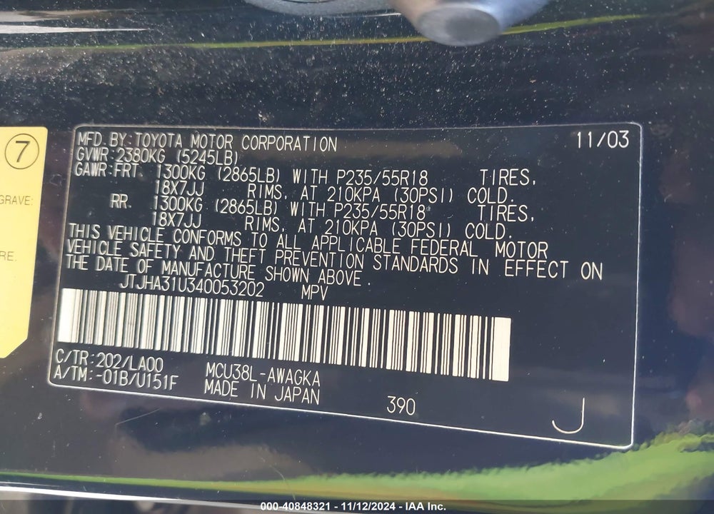 2004 LEXUS RX 330 BASE (A5) VIN: JTJHA31U340053202