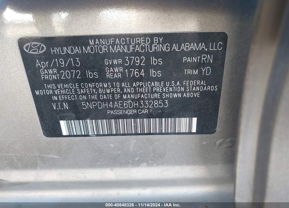 2013 HYUNDAI ELANTRA GLS VIN: 5NPDH4AE6DH332853