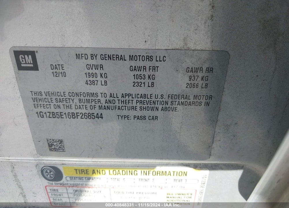 2011 CHEVROLET MALIBU LS VIN: 1G1ZB5E16BF268544