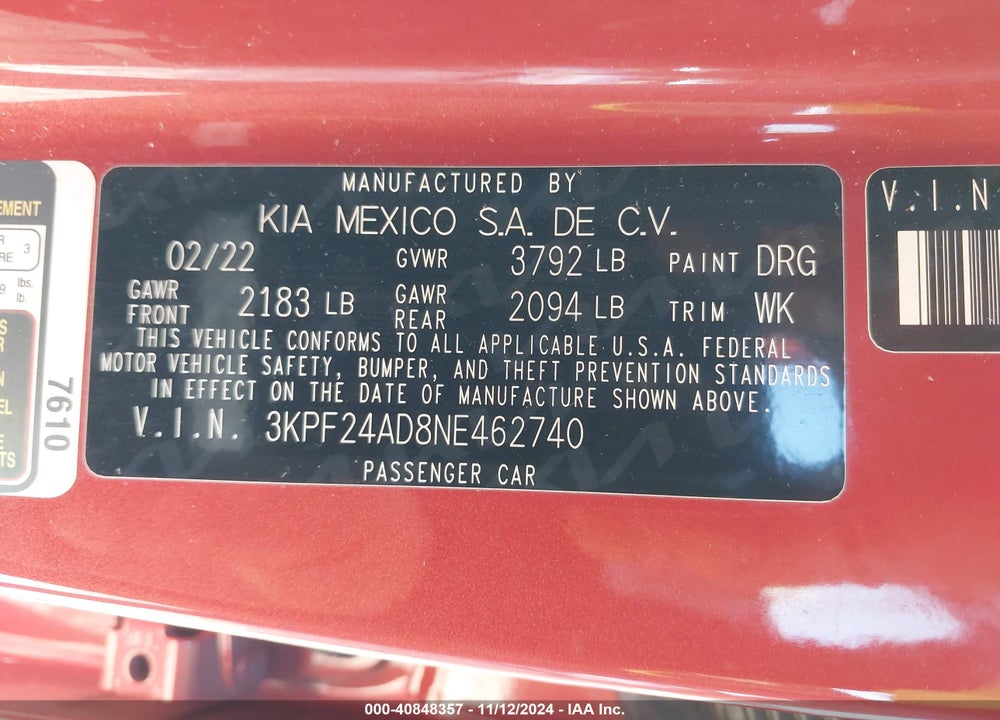 2022 KIA FORTE VIN: 3KPF24AD8NE462740