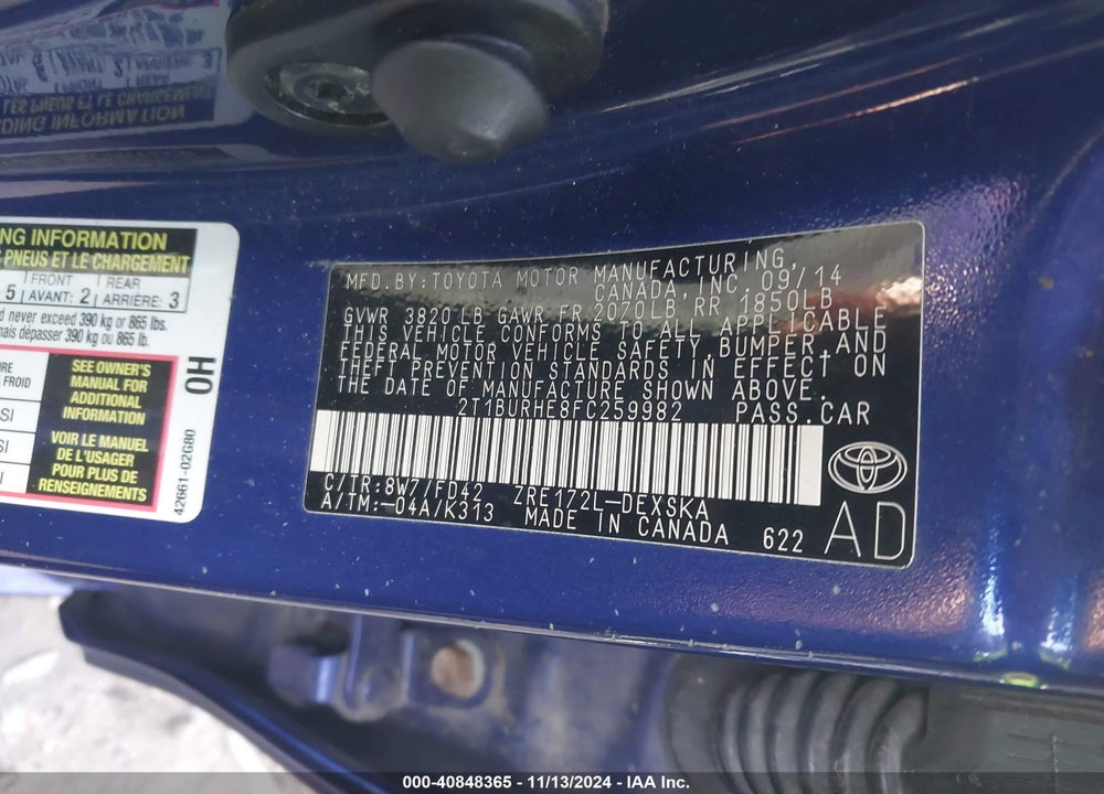 2015 TOYOTA COROLLA VIN: 2T1BURHE8FC259982
