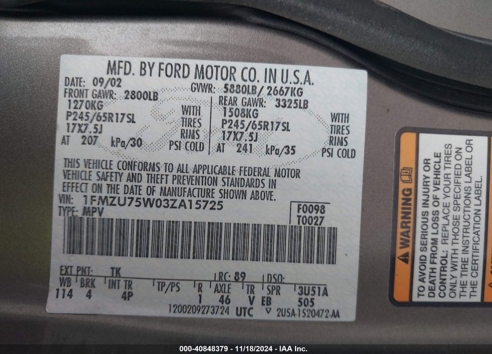 2003 FORD EXPLORER LIMITED VIN: 1FMZU75W03ZA15725