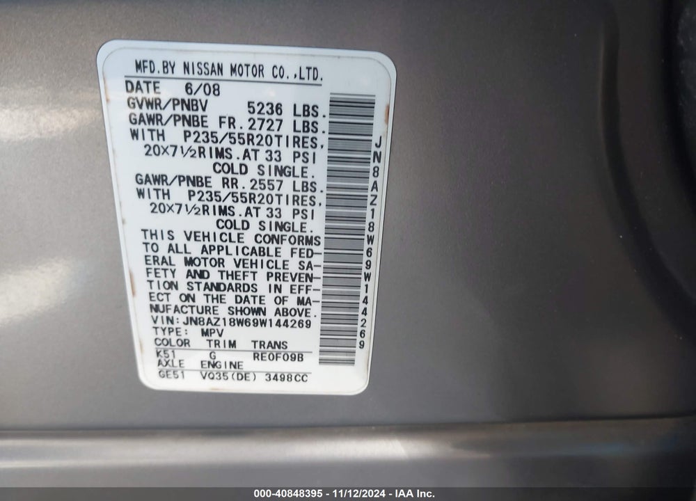 2009 NISSAN MURANO LE VIN: JN8AZ18W69W144269