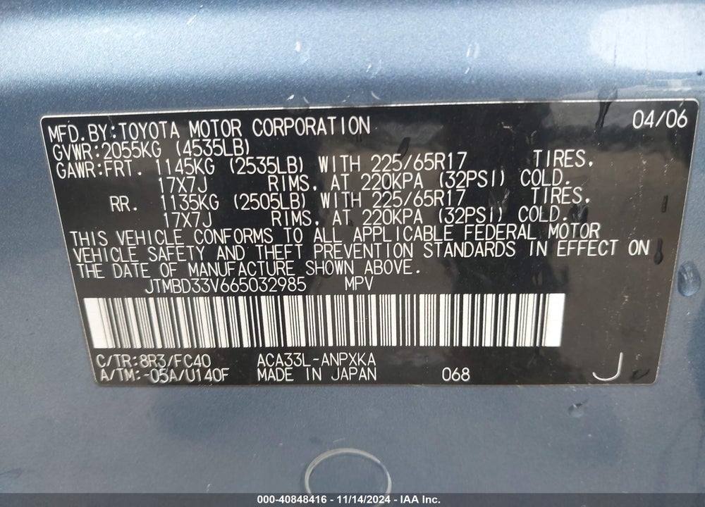 2006 TOYOTA RAV4 VIN: JTMBD33V665032985