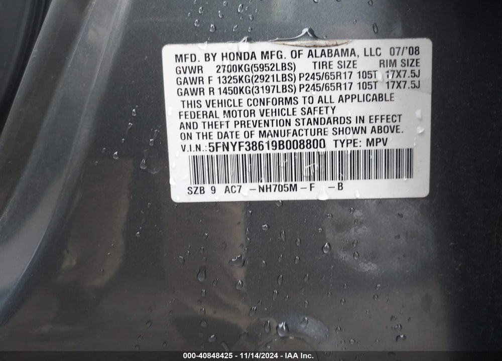 2009 HONDA PILOT EX-L VIN: 5FNYF38619B008800