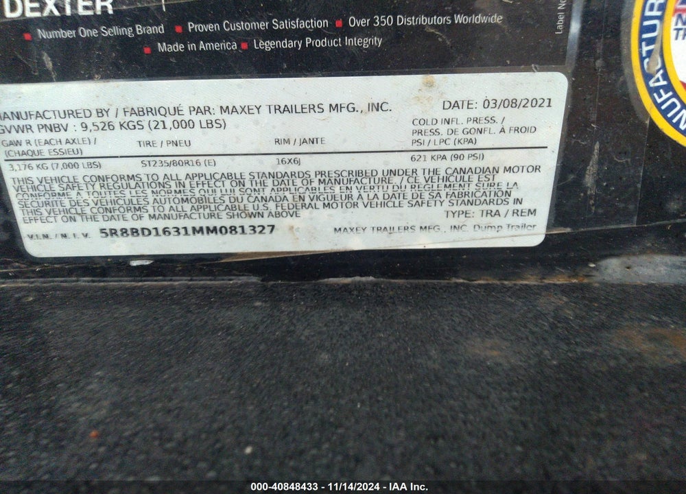 2021 MAXEY MAXX-D UTILITY TRAILER VIN: 5R8BD1631MM081327