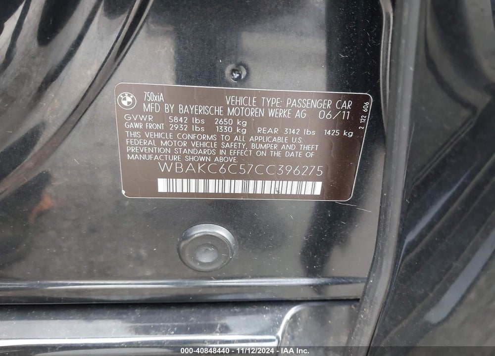 2012 BMW 750I XDRIVE VIN: WBAKC6C57CC396275