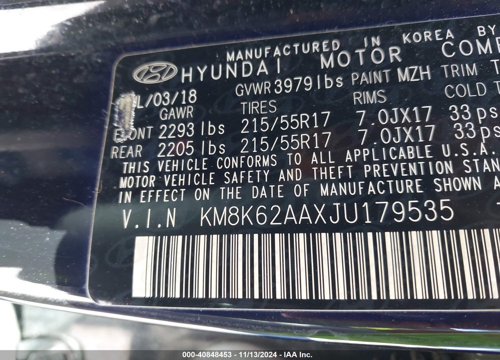 2018 HYUNDAI KONA SEL VIN: KM8K62AAXJU179535