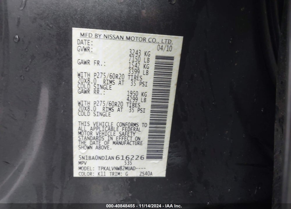 2010 NISSAN ARMADA TITANIUM VIN: 5N1BA0ND1AN616226
