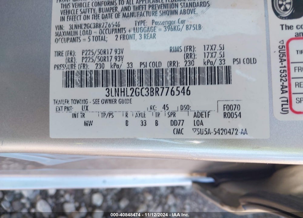 2011 LINCOLN MKZ VIN: 3LNHL2GC3BR776546
