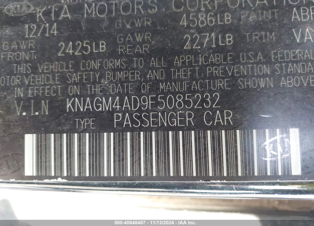 2015 KIA OPTIMA HYBRID VIN: KNAGM4AD9F5085232