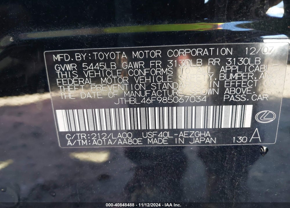 2008 LEXUS LS 460 VIN: JTHBL46F985067034