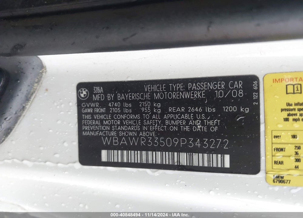 2009 BMW 328I VIN: WBAWR33509P343272