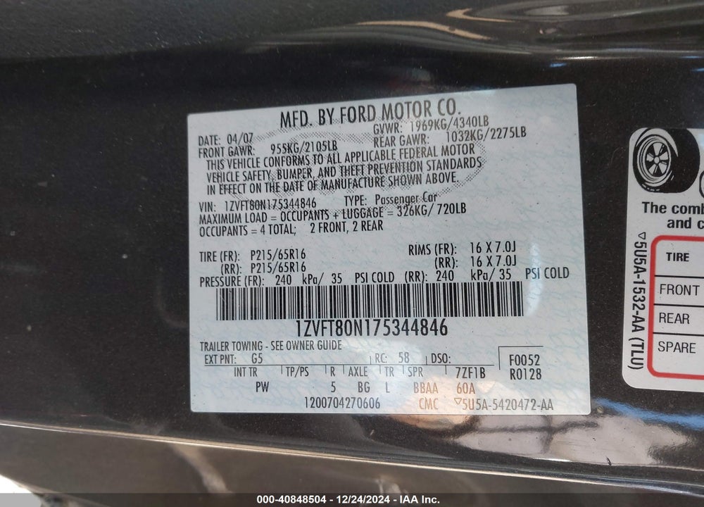 2007 FORD MUSTANG V6 DELUXE/V6 PREMIUM VIN: 1ZVFT80N175344846